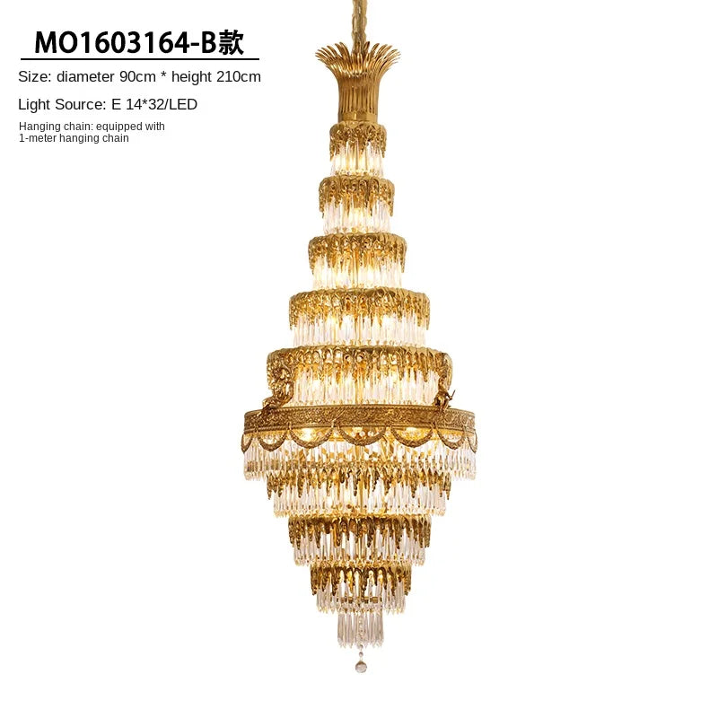 All-Copper Crystal Long Chandelier Stair Duplex Living Room Creative Luxury Villa Atmospheric Lamps