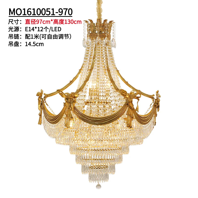 All Copper Luxury Chandelier Vintage Upscale Villa Crystal Living Room Duplex Building Stair Light