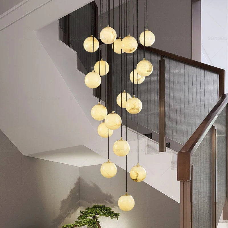 All Copper Marble Chandelier New Chinese Style Simple Rotary Duplex Stairwell Light Northern Europe Jump Floor Villa Living Room