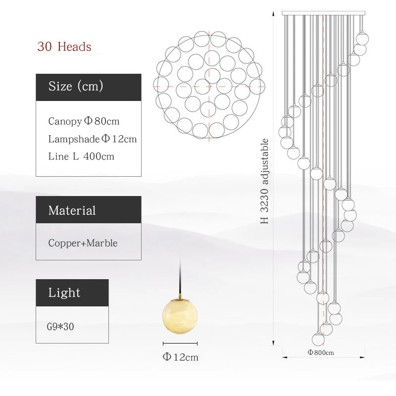 All Copper Marble Chandelier New Chinese Style Simple Rotary Duplex Stairwell Light Northern Europe Jump Floor Villa Living Room