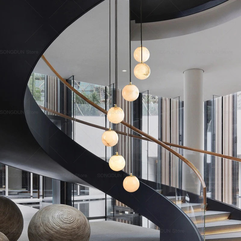 All Copper Marble Chandelier New Chinese Style Simple Rotary Duplex Stairwell Light Northern Europe Jump Floor Villa Living Room