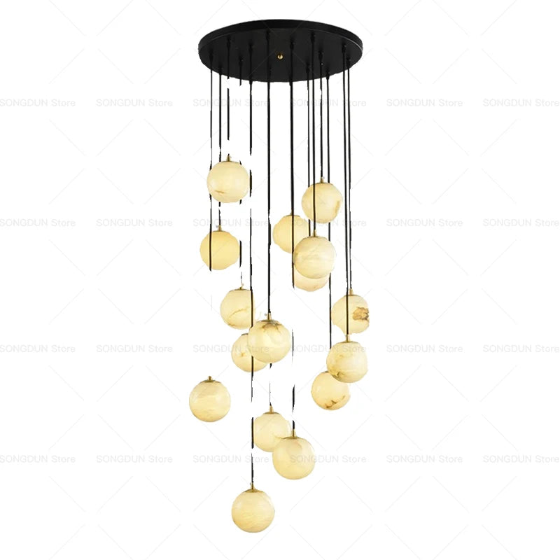 All Copper Marble Chandelier New Chinese Style Simple Rotary Duplex Stairwell Light Northern Europe Jump Floor Villa Living Room