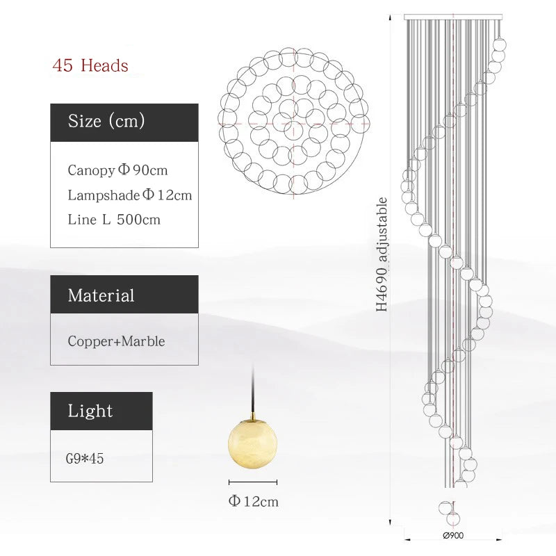 All Copper Marble Chandelier New Chinese Style Simple Rotary Duplex Stairwell Light Northern Europe Jump Floor Villa Living Room