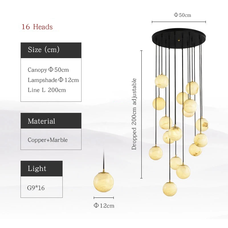 All Copper Marble Chandelier New Chinese Style Simple Rotary Duplex Stairwell Light Northern Europe Jump Floor Villa Living Room