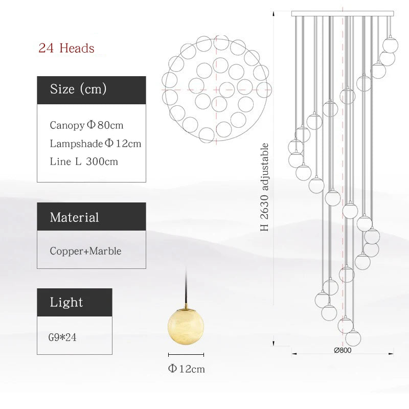 All Copper Marble Chandelier New Chinese Style Simple Rotary Duplex Stairwell Light Northern Europe Jump Floor Villa Living Room