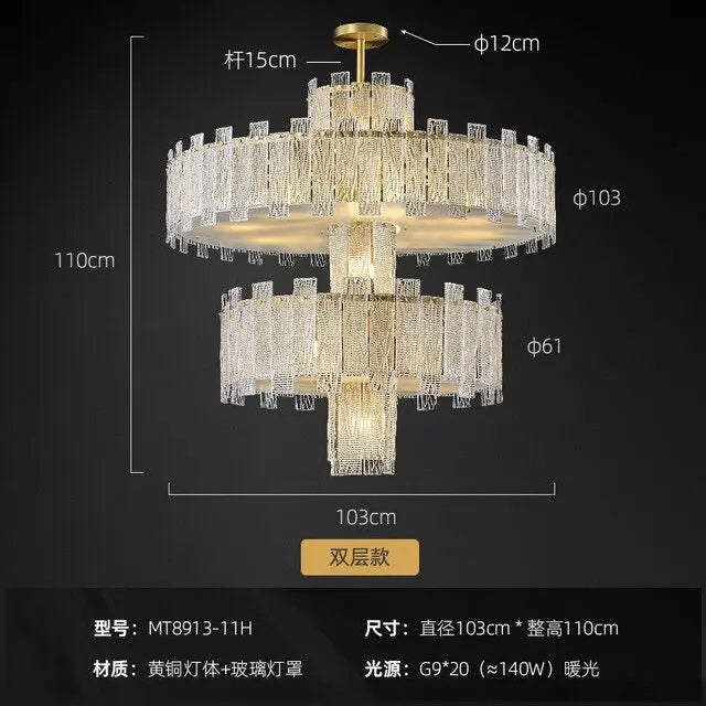 All copper light luxury chandelier modern minimalist atmosphere high-end villa duplex building living room large chandelier