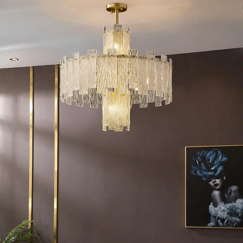 All copper light luxury chandelier modern minimalist atmosphere high-end villa duplex building living room large chandelier