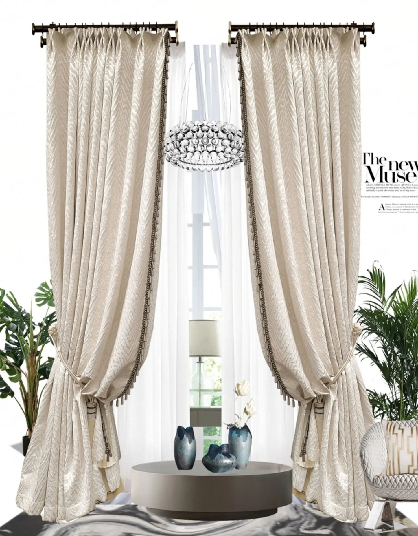 American Luxury Solid White Blackout Curtain for Living Room Bedroom Modern High-precision Thicken Curtain with tassle for Villa