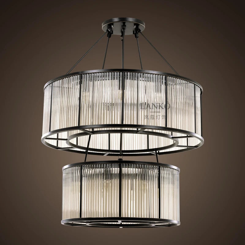 American simple retro double glass rod personality chandelier modern villa duplex building hotel club lighting