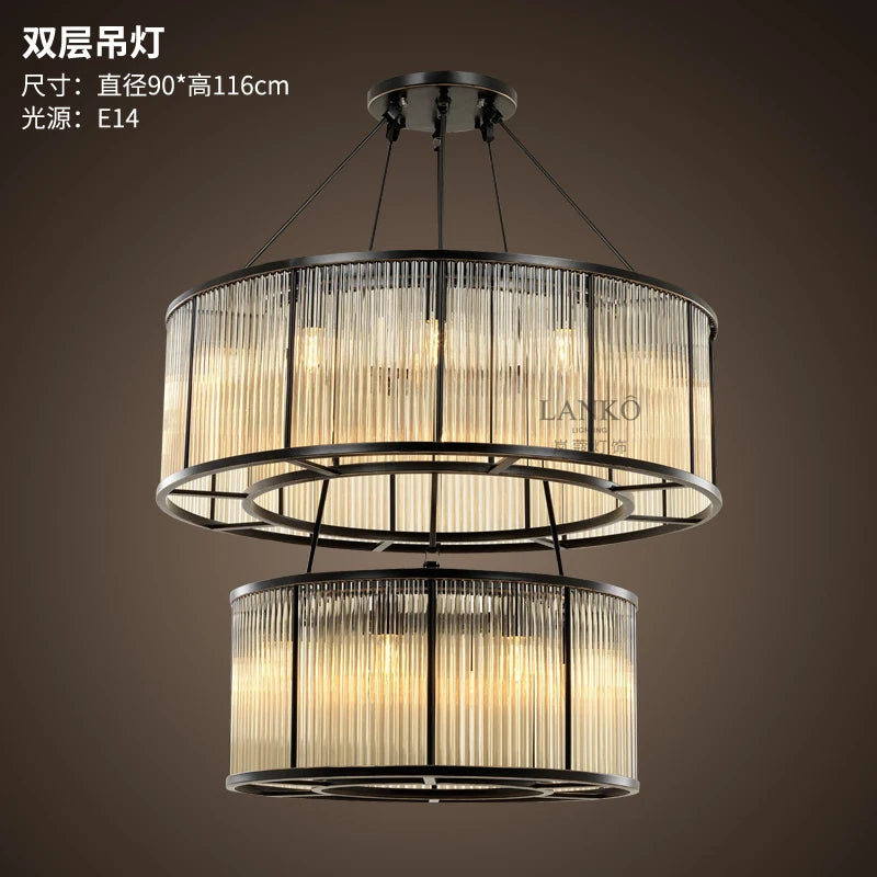 American simple retro double glass rod personality chandelier modern villa duplex building hotel club lighting