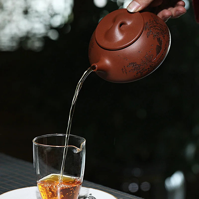 Authentic Yixing Purple Clay Pot, Fully Handmade Kung Fu Tea Original Mine Bottom Trough, Pure Handcarved Landscape, Boat,