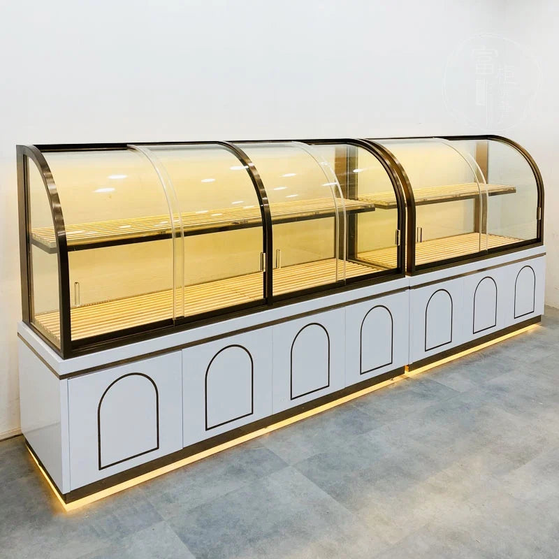Bakery Bakery Stainless Steel Titanium-plated Arc Solid Wood Model Side Island Glass Display Cabinet Display Shelf