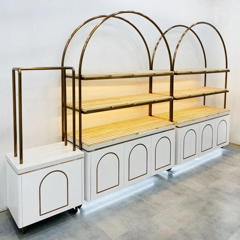 Bakery Bakery Stainless Steel Titanium-plated Arc Solid Wood Model Side Island Glass Display Cabinet Display Shelf