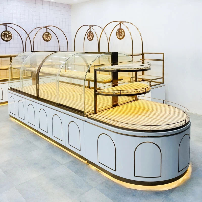 Bakery Bakery Stainless Steel Titanium-plated Arc Solid Wood Model Side Island Glass Display Cabinet Display Shelf
