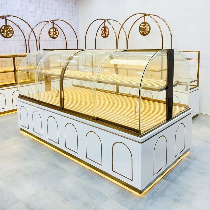Bakery Bakery Stainless Steel Titanium-plated Arc Solid Wood Model Side Island Glass Display Cabinet Display Shelf