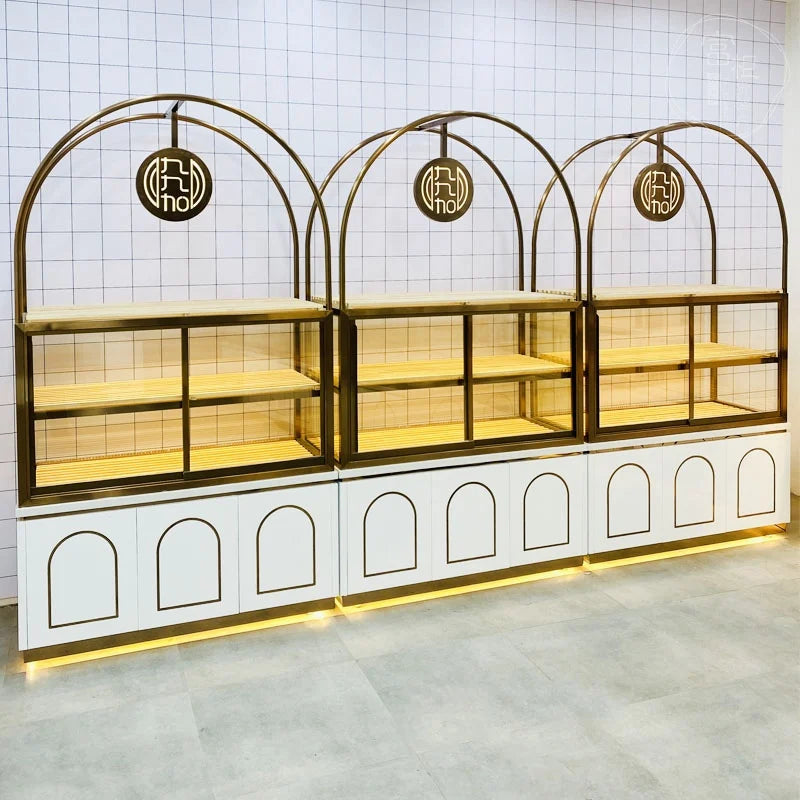 Bakery Bakery Stainless Steel Titanium-plated Arc Solid Wood Model Side Island Glass Display Cabinet Display Shelf