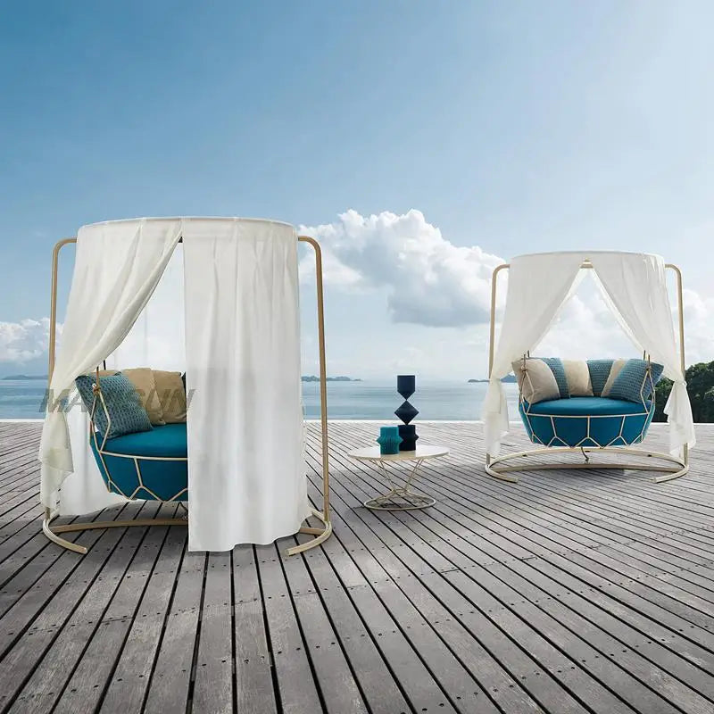 Balcony Hanging Basket With Curtain Outdoor Nordic Swing Chair Courtyard Villa Leisure Double Sofa Furniture Combination White