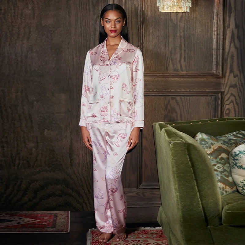 BirdTree, 22MM 100%Mulberry Silk Casual Pajamas Set, Women Long Sleeve Top Pants, Print Home Clothing Set, Summer Fall S48840QC