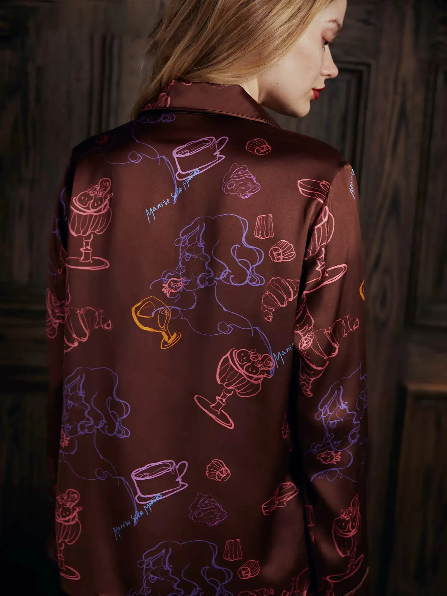 BirdTree, 22MM 100%Mulberry Silk Casual Pajamas Set, Women Long Sleeve Top Pants, Print Home Clothing Set, Summer Fall S48840QC