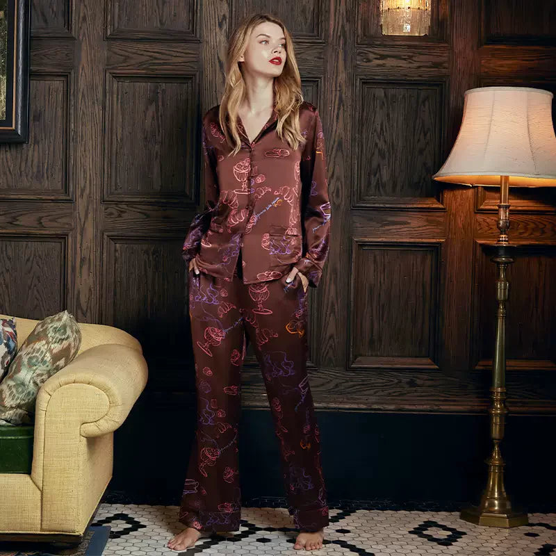 BirdTree, 22MM 100%Mulberry Silk Casual Pajamas Set, Women Long Sleeve Top Pants, Print Home Clothing Set, Summer Fall S48840QC