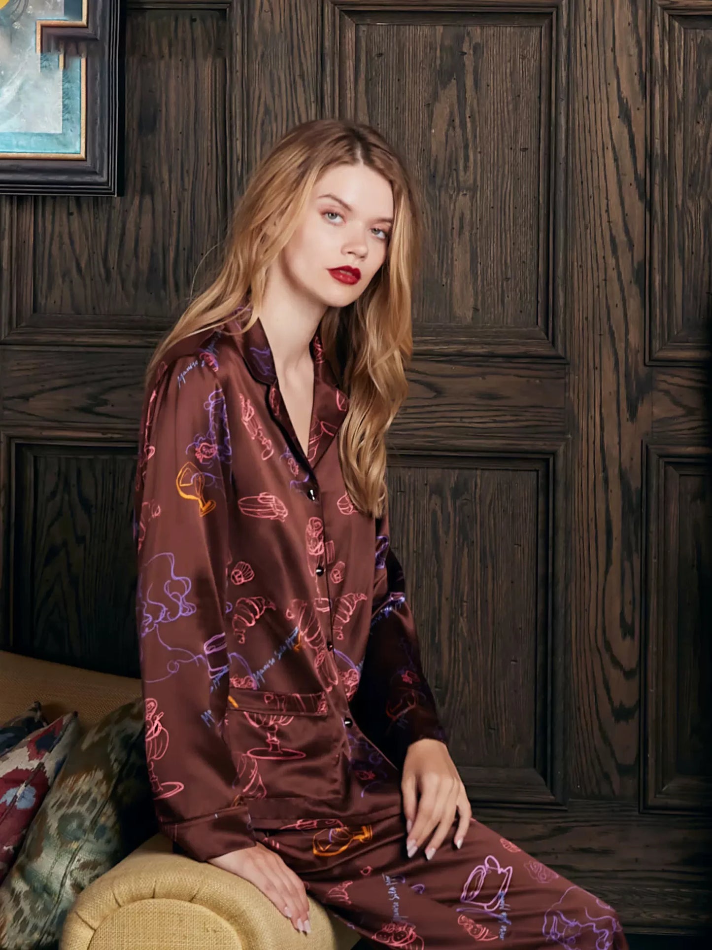 BirdTree, 22MM 100%Mulberry Silk Casual Pajamas Set, Women Long Sleeve Top Pants, Print Home Clothing Set, Summer Fall S48840QC