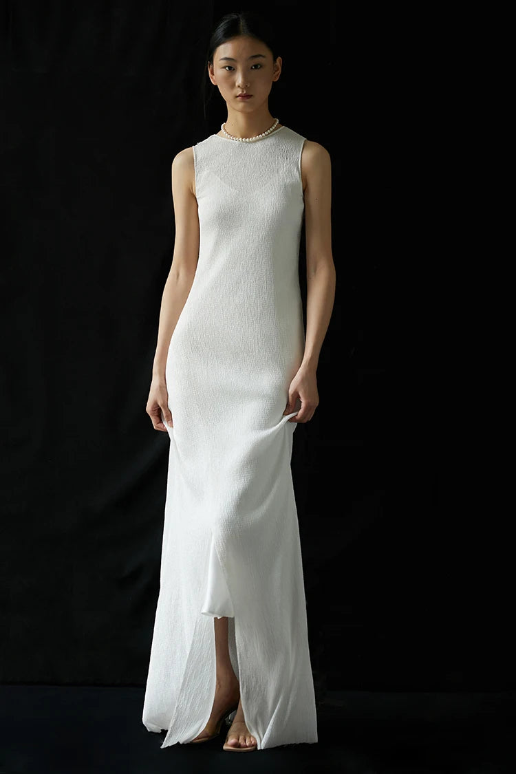 BirdTree 60% Mulberry Silk Dresses For Women, Sleeveless White Elastic Long, Slim High End Party Dress, 2024 Summer D43555QM