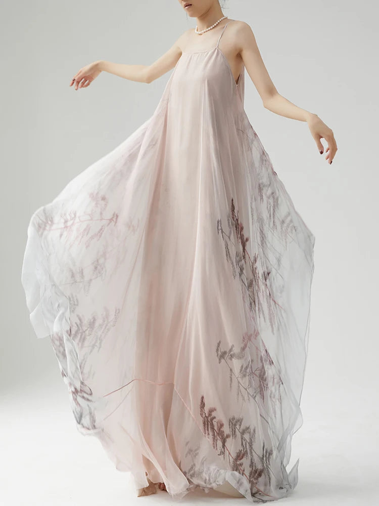 BirdTree, Mulberry Silk Chiffon Dresses For Women, Spaghetti Strap Floral, Loose High End Party Dress, 2024 Summer New, D43501QM