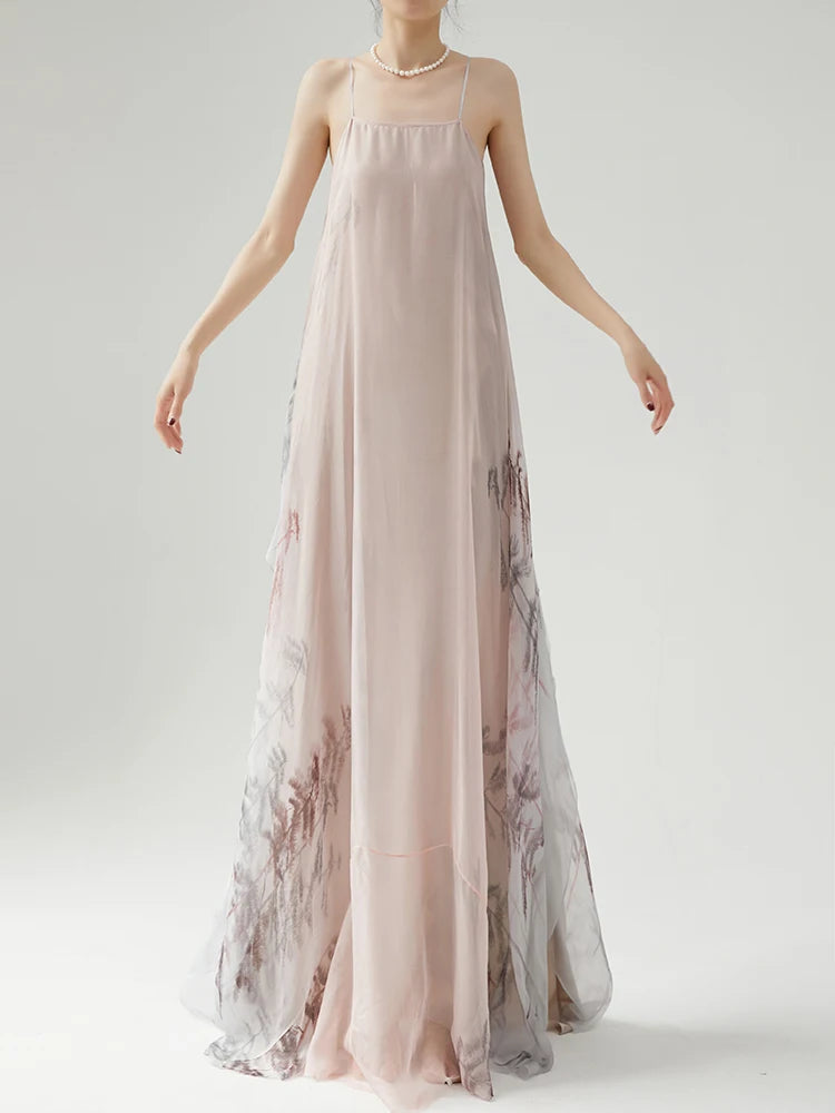 BirdTree, Mulberry Silk Chiffon Dresses For Women, Spaghetti Strap Floral, Loose High End Party Dress, 2024 Summer New, D43501QM