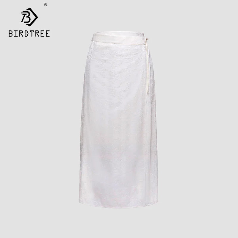 BirdTree-Women's Satin Straight Skirt, 19MM 92%Mulberry Silk, High Silt, Elegant Office Skirt, Summer, Autumn, 2024 New B49912QM