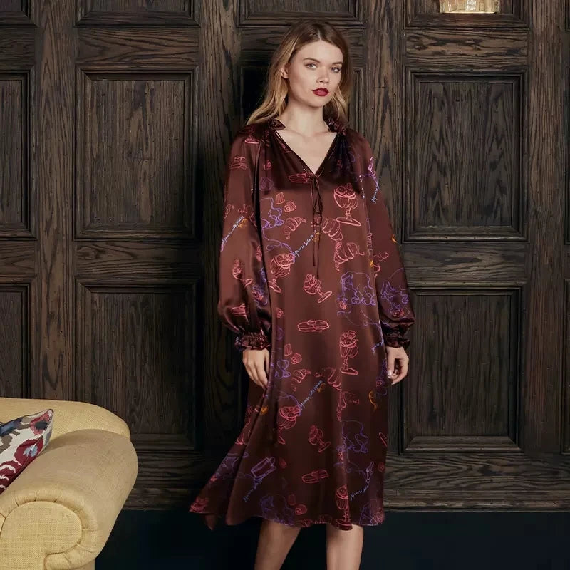Birdtree, 22MM 100%Mulberry Silk Nightgown, Women Long Sleeve V Neck Print, Ruffles Sexy Sweet Pajamas, Summer Autumn P48828QC