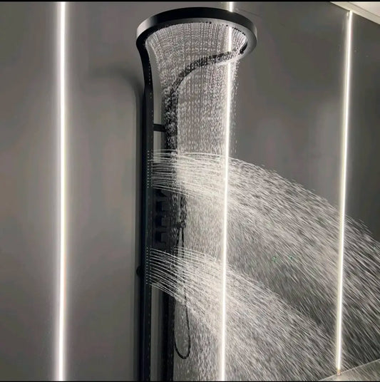 Black Brass Copper Wall Mounted Multifunction Bathroom Waterfall Rainfall Shower Head Set System Panel 2025 Tiktok Hot Sale