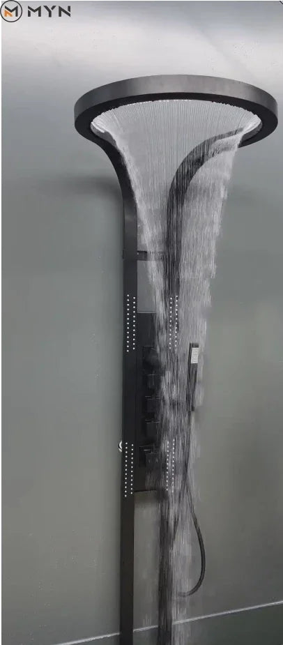 Black Brass Copper Wall Mounted Multifunction Bathroom Waterfall Rainfall Shower Head Set System Panel 2025 Tiktok Hot Sale