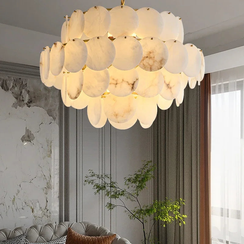 Build Our Home With Art LED Natural Marble Disc Ceiling Chandelier Lighting Lustre Suspension Luminaire Lampen For Living Room