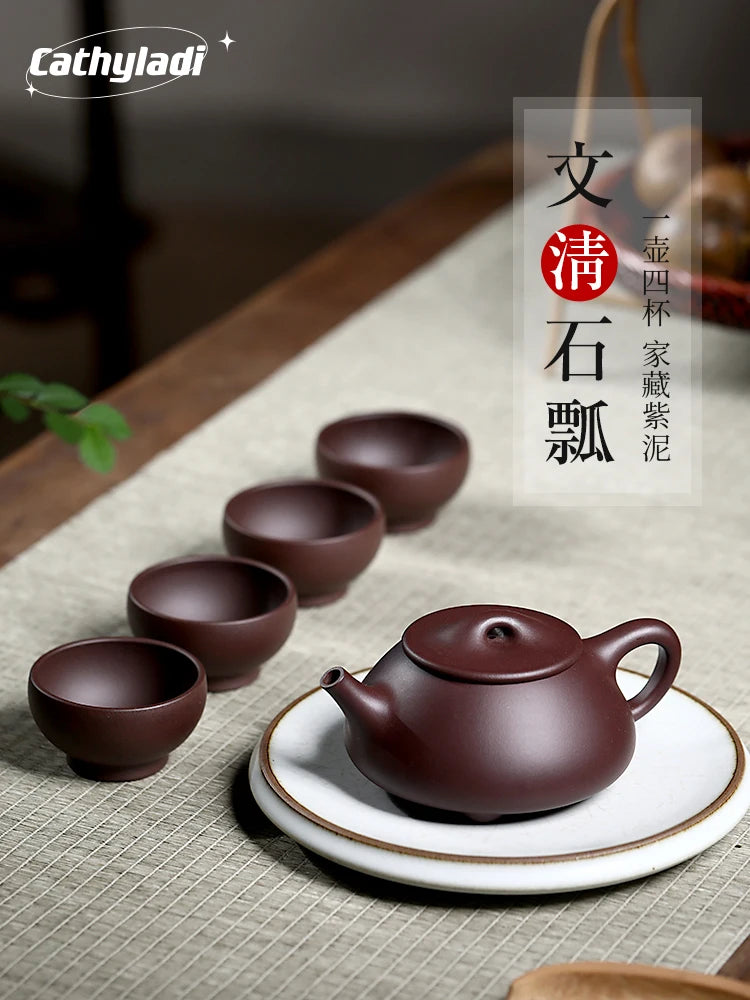 CL Yixing Original Mine Pure Handmade Clay Tea Set, Purple Mud Scenery Boat, Stone Ladle Pot, High End Gift Box Set
