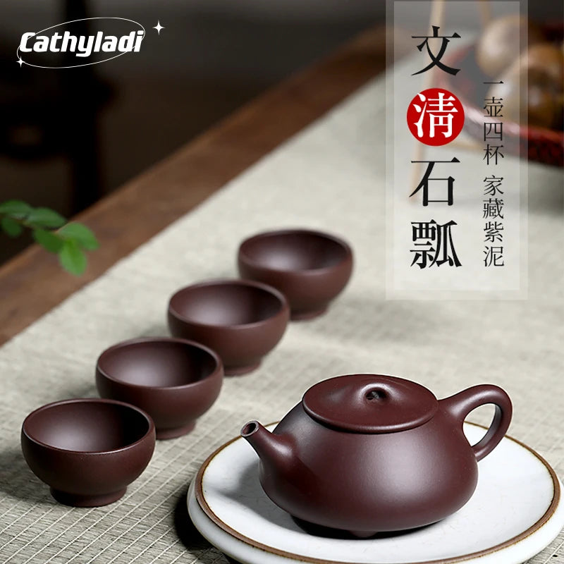 CL Yixing Original Mine Pure Handmade Clay Tea Set, Purple Mud Scenery Boat, Stone Ladle Pot, High End Gift Box Set