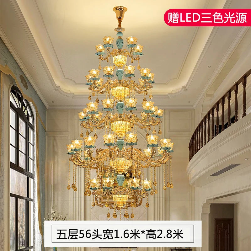 Chandelier European-Style Crystal Lamp Ceramic Three-Layer Living Room and Hotel Staircase Duplex Villa Lamps