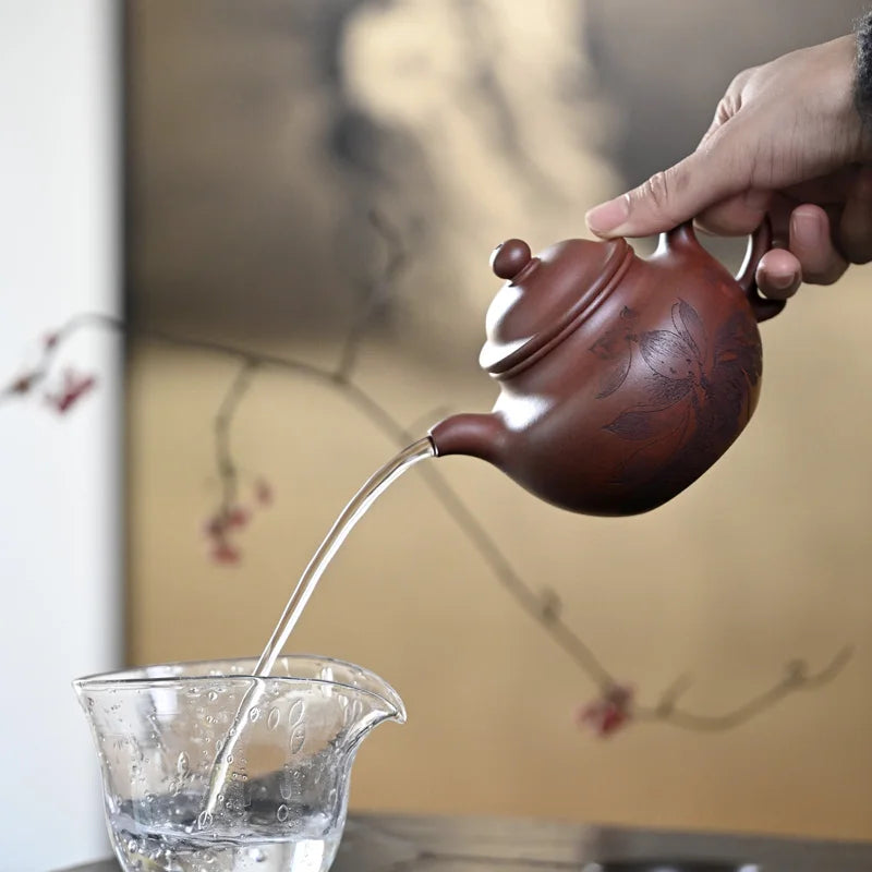 【 Changtao 】 Yixing Original Mine Purple Clay Pot, Li Jianjun Fully Handmade Bottom Groove, Clear Engraving, Duo, 330cc