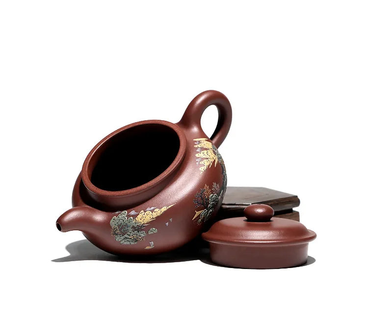 【 Changtao 】 Yixing Purple Clay Pot Fully Handmade Tea With Mulberry And Brocade Red Painting Antique 320cc