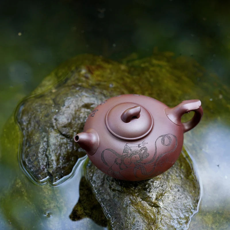 【 Changtao 】 Yixing Tao Jianquan Handmade Purple Clay Pot Engraving With Chu Guofeng, Guanyun, Monthly 400cc