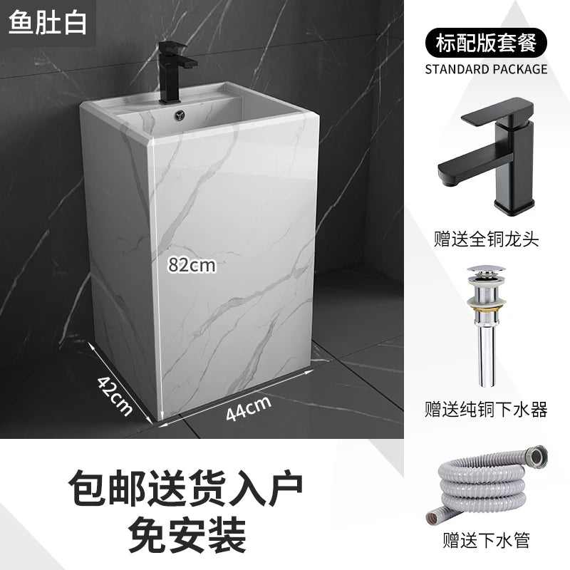 Column basin, washbasin, integrated column type washbasin, marble floor standing balcony, outdoor rock slab washbasin
