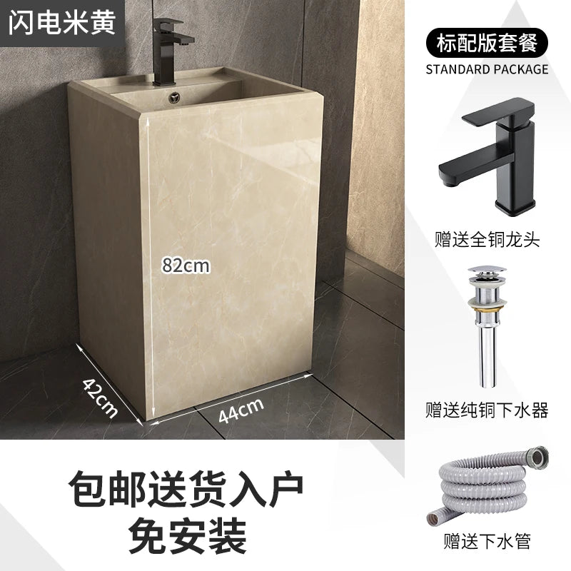 Column basin, washbasin, integrated column type washbasin, marble floor standing balcony, outdoor rock slab washbasin
