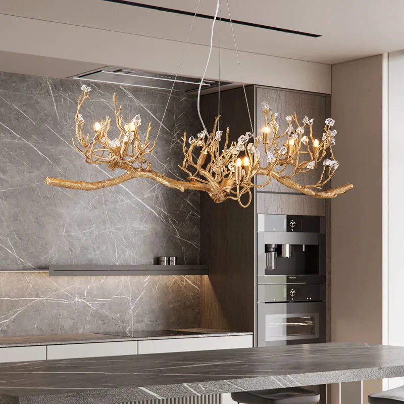 Creative Copper Tree Branches Chandelier for Living Room Bedroom Villa Hall Decorative Lighting Fixture Glass Kitchen Island
