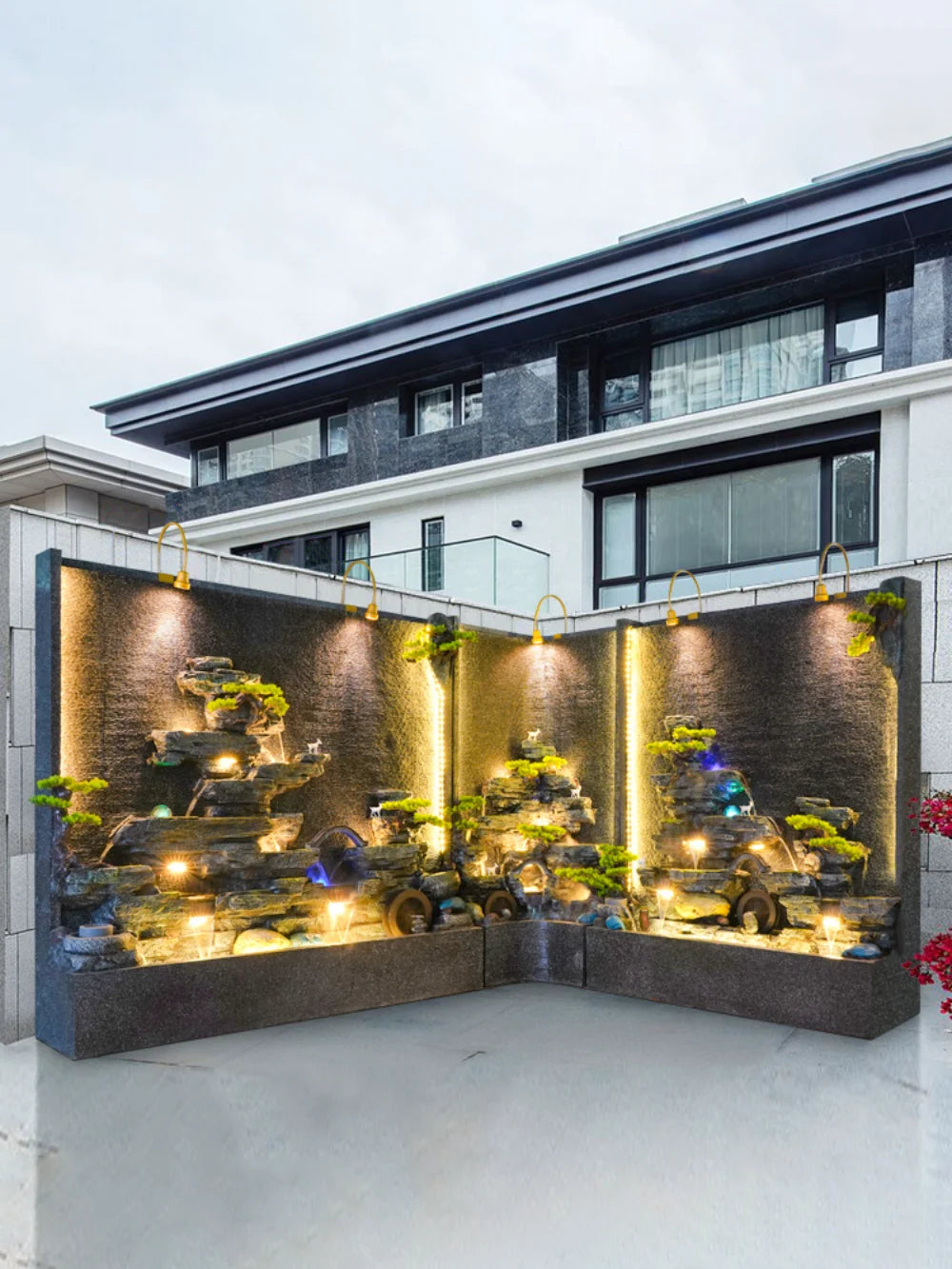 Creative large-scale right-angle rockery curtain wall floor-to-ceiling water ornament villa decoration screen triangle landscape