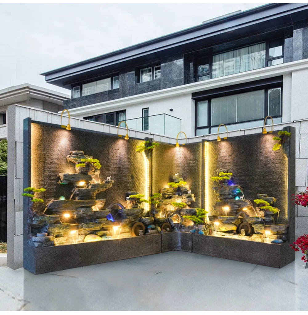 Creative large-scale right-angle rockery curtain wall floor-to-ceiling water ornament villa decoration screen triangle landscape