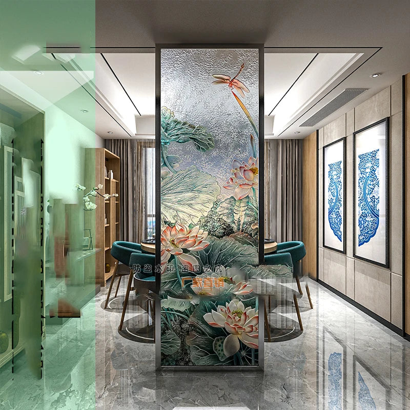 Custom Nordic light luxury transparent tempered double-sided carved stained glass partition screen home porch partition wall