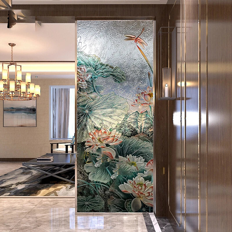 Custom Nordic light luxury transparent tempered double-sided carved stained glass partition screen home porch partition wall