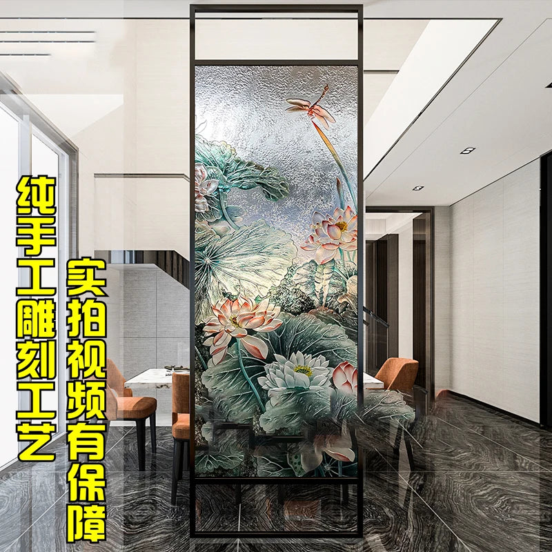 Custom Nordic light luxury transparent tempered double-sided carved stained glass partition screen home porch partition wall