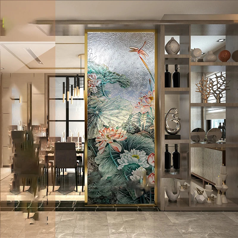 Custom Nordic light luxury transparent tempered double-sided carved stained glass partition screen home porch partition wall
