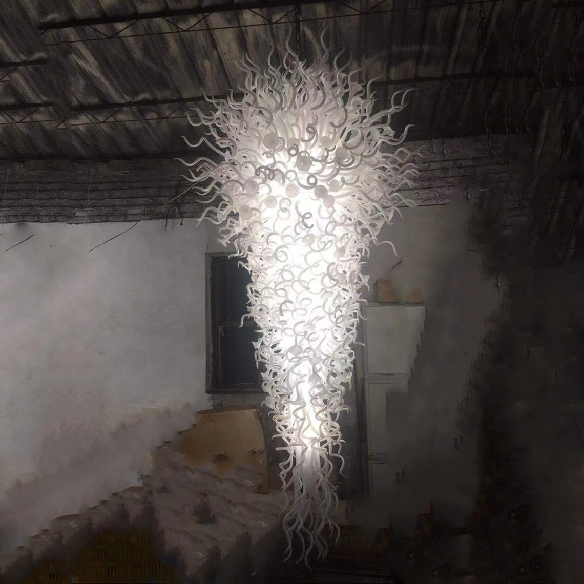 Customer Made 8meters Long Staircase Murano Glass Chandelier White Luxury Villa Hanging Lamp Hotel Lobby Dome Restaurant Hall