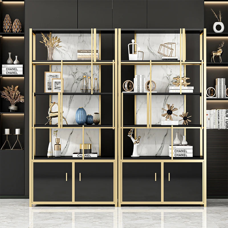 Customized Light Luxury Style Bookcase Shelf Marble Living Room Partition Display Stand Metal Bookshelf Floor Stainless Steelelf